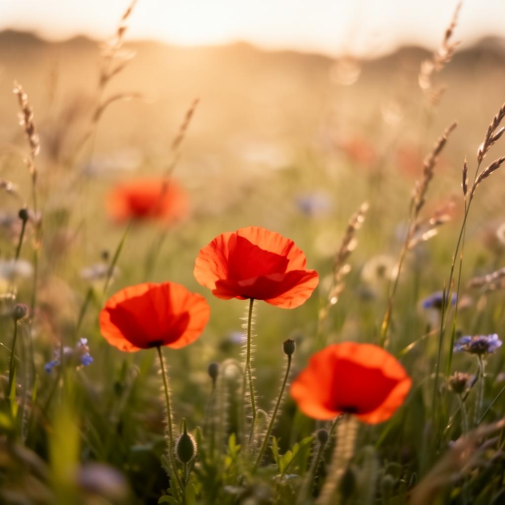 A meadow of poppy flowers in soft golden light